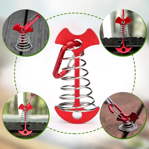 Miniatura 3 de TOBWOLF 10 clavijas de anclaje de cubierta rojas con mosquetones, estacas de aluminio resistentes al viento para tienda de campaña, anclajes de Rojo