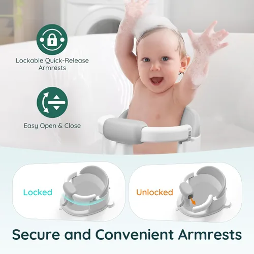 Miniatura 3 de Asiento de Baño para Bebé Bañera para Bebé - con Ventosas Fuertes y Soporte Envolvente de 360° - Liberación Fácil, Cojín Antideslizante, Gris
