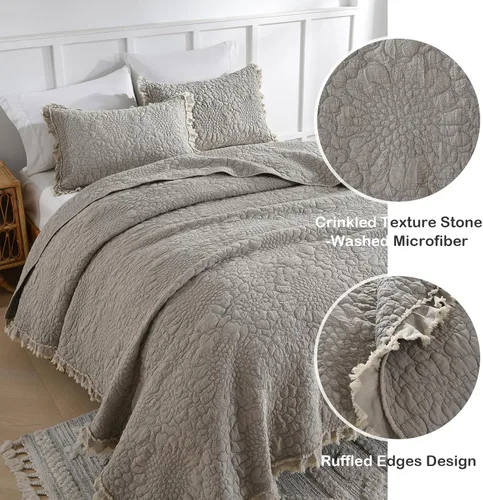 Miniatura 2 de HORIMOTE HOME Edredón beige con volantes, tamaño individual, microfibra lavada a la piedra, ligera, arrugada, rústica, desgastada, elegante, 2