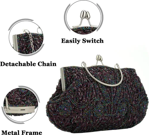 Miniatura 2 de Bolso de mano de noche con cuentas vintage para mujer, diseño vintage, lentejuelas, floral, asa superior, bolso de fiesta, boda, cartera, Púrpura