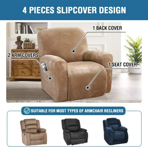 Miniatura 2 de H.VERSAILTEX Fundas elásticas de terciopelo para sillón reclinable, fundas para silla reclinable estilo de 4 piezas, funda para sillón reclinable