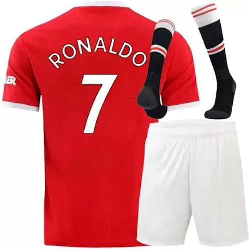 Genu Manchester Ronaldo Red Home 2122 - Camiseta de fútbol para niños pantalones cortos juego de calcetines talla XL 12 años para jóvenes Rojo M