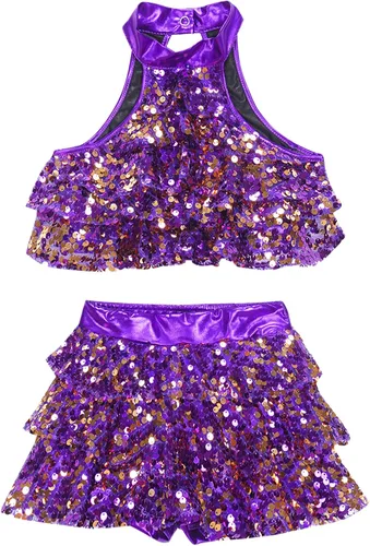 Miniatura 75 de JEATHA Top corto con borlas y lentejuelas brillantes para niñas, con minifalda, jazz latino, salsa, samba, rumba, baile