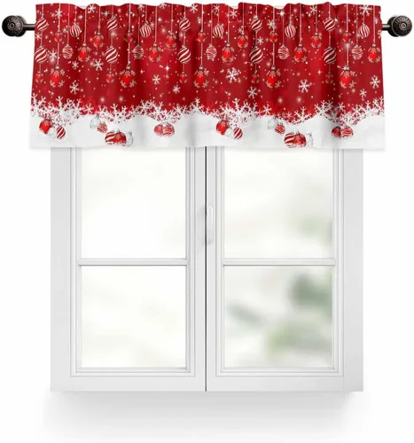 Miniatura 9 de Cortina de Cenefa Navideña con Cordones Cortina de Copos de Nieve de Invierno Brillantes Nieve Cenefas Rojas para Ventanas Ajustables Bolas