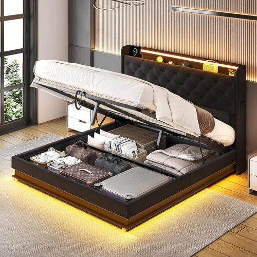Miniatura 10 de Ailisite Cama de almacenamiento elevable de tamaño matrimonial, cama de plataforma tapizada con cabecera de almacenamiento con botones capitoné