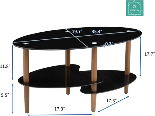 Miniatura 3 de Mesa de centro de cristal, mesa de centro ovalada en sala de estar con patas de madera de roble y vidrio de 2 niveles (transparente), mesa de té