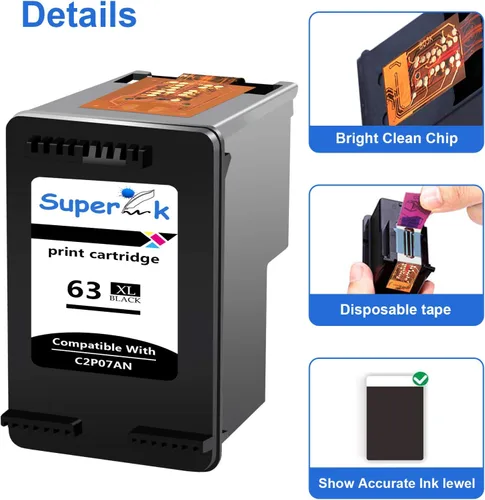 Miniatura 5 de SuperInk Paquete de 2 cartuchos de tinta de alto rendimiento compatibles con HP 63XL 63 XL 63 XL 63 negro, nuevo uso de CHIP con impresora DeskJet