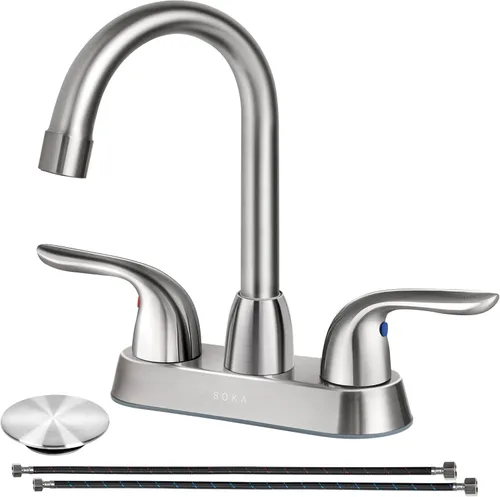 Miniatura 23 de SOKA Grifo de baño central de dos asas para fregadero de acero inoxidable de arco alto con placa de cubierta y montaje de drenaje desplegable