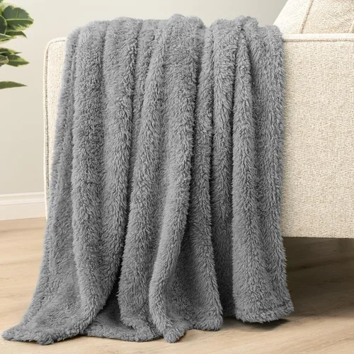 Miniatura 5 de PAVILIA - Manta de sherpa para sofá, gris esponjosa y cálida, manta de felpa suave para cama, acogedora, súper suave y ligera, manta decorativa