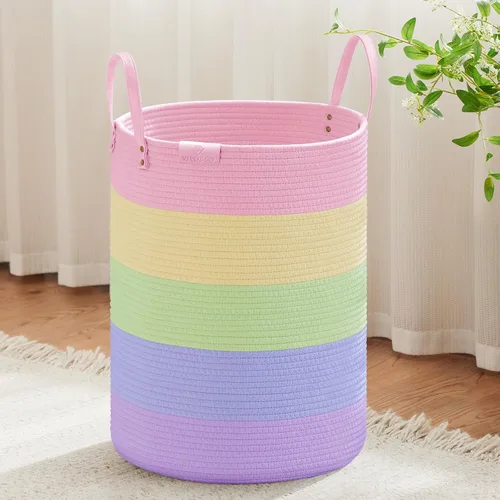 Miniatura 11 de VIPOSCO Cesta alta para ropa sucia, cesta grande para ropa sucia con mango de cuero, cesta de almacenamiento de cuerda tejida para manta, juguete