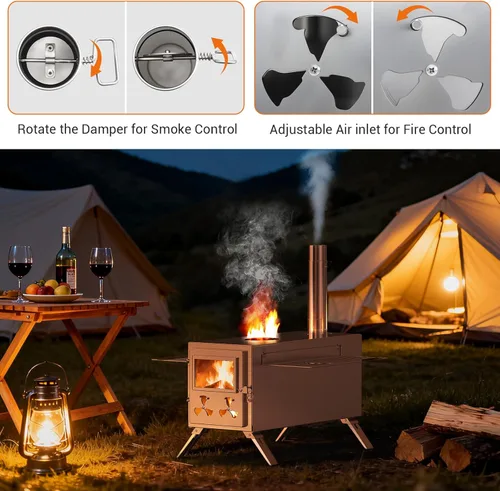 Miniatura 7 de Estufa de Sauna de Leña Mejorada para Tienda Caliente, Estufa de Leña para Tienda 2 en 1 con Tubo de Chimenea para Calentamiento al Aire Libre