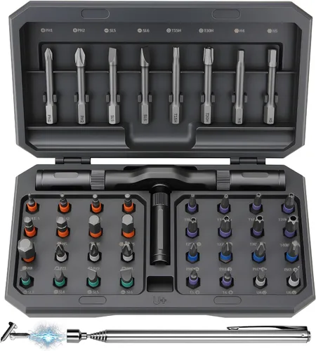 DISEN Juego de destornilladores de trinquete de 42 + 1 con mango de 58 dientes y recogedor magnético, 40 puntas de acero S2 largas/cortas, kit de