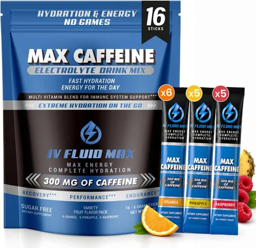 Paquetes de electrolitos en polvo: 300 mg de cafeína, vitaminas B, bebida energética e hidratación sin azúcar, preentrenamiento, recuperación, 16