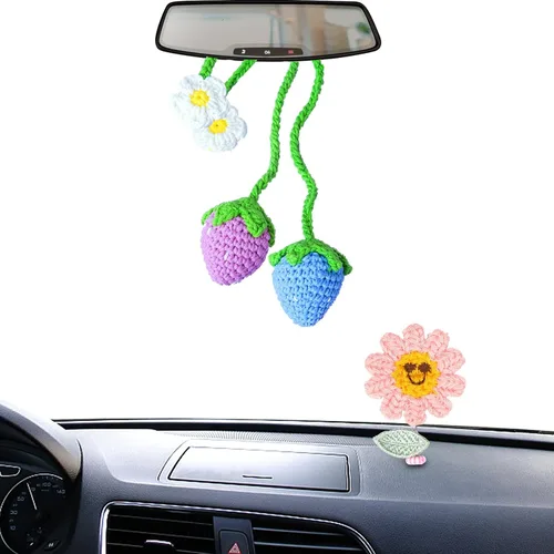 Miniatura 9 de Accesorios colgantes para espejo de automóvil, 2 piezas de ganchillo de fresa, accesorios de automóvil, lindos accesorios para espejo retrovisor