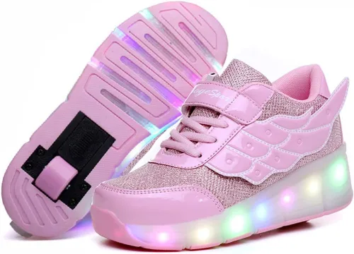 Nsasy - Zapato deportivo para niña con ruedas para patinar y luces. Tenis deportivo con luces Led para niñas, regalo navideño para niños, rosado,,