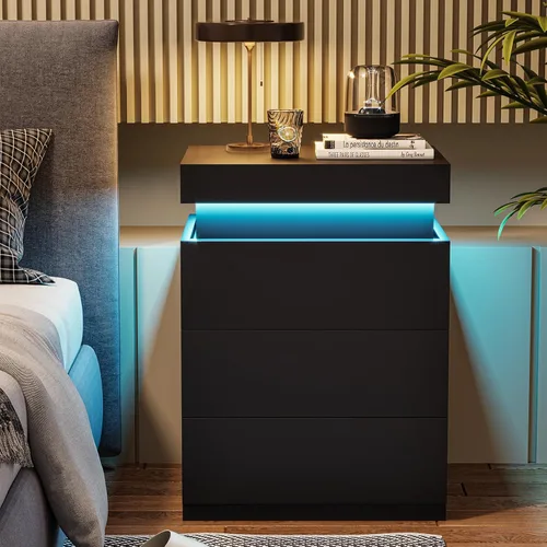 ADORNEVE Mesita de noche con estación de carga y luces LED, mesa auxiliar con parte superior deslizante, mesa de noche con cajones, mesa lateral