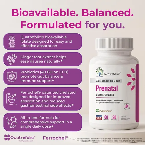 Miniatura 4 de NatureGenX Metil prenatal con probióticos - Vitaminas prenatales para mujeres con hierro, folato de metilo, jengibre, B12 activo y 28 nutrientes