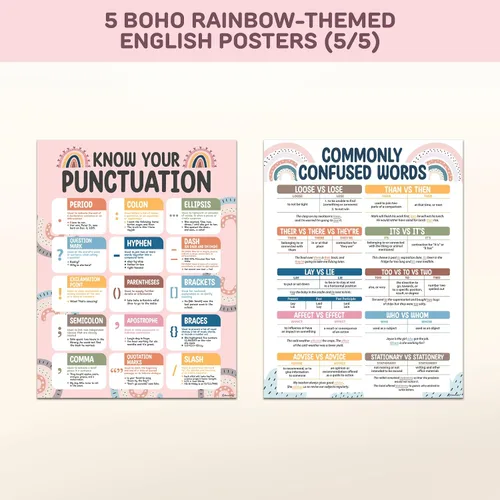 Miniatura 7 de Decorably 5 pósteres bohemios de arcoíris en inglés para aula, 17 x 22 pulgadas, laminado mate para pasillos escolares, tablones de anuncios