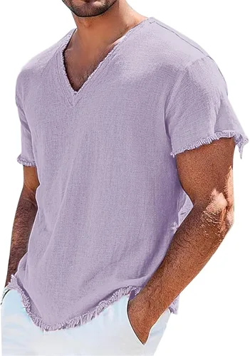 Miniatura 15 de Mens Cotton Linen Short Sleeve Shirts Retro Frayed Casual V-Neck Beach Hippie Tshirts Lightweight Summer Resort Tops