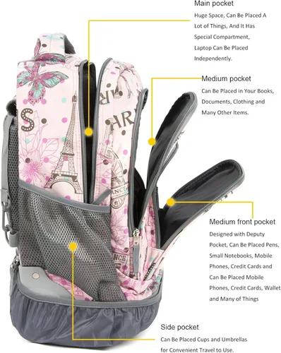 Miniatura 3 de Tilami Mochila con ruedas de 18 pulgadas con estuche escolar para niños y niñas, Caballo rosa, Computadora portátil