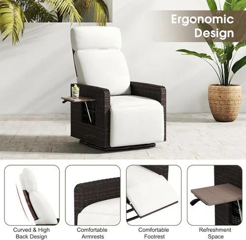 Miniatura 8 de kinbor Silla reclinable para exteriores, silla giratoria de 360° con respaldo alto para patio, con mesa auxiliar abatible, cojín extraíble y Beige-1