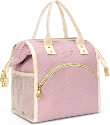 Miniatura 17 de Bolsa de almuerzo aislada para mujer, bolsa de almuerzo de apertura amplia, soporte grande para bebidas, organizador térmico de nailon duradero