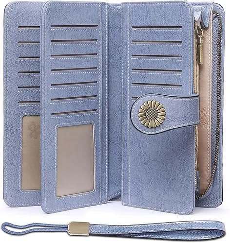 SENDEFN - Carteras de cuero auténtico, para mujer, con tarjetero y bloqueo de interferencia de radiofrecuencia (RFID), de gran capacidad y con