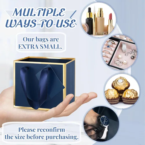 Miniatura 3 de Yeaqee 50 mini bolsas de regalo de papel metálico con asa de 4.75 x 2.25 x 4 pulgadas, pequeña bolsa de regalo para bricolaje, etiqueta de Azul