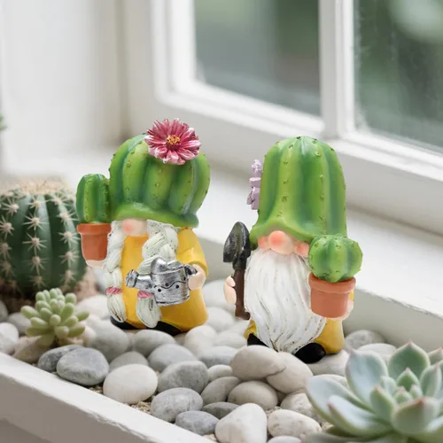 Miniatura 2 de Hodao Figuras de gnomo de cactus, bonitas estatuas de gnomo de resina pintadas a mano para decoración de primavera y verano, hogar y jardín, patio