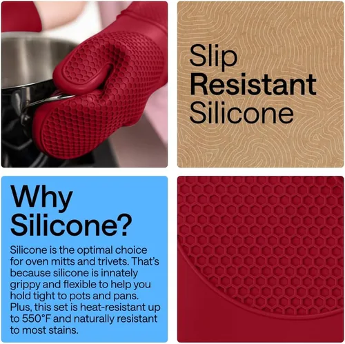 Miniatura 3 de GORILLA GRIP Juego de 4 manoplas de horno de silicona suave sin BPA y soportes para ollas, resistentes al calor, forro de algodón grueso, agarre Rojo