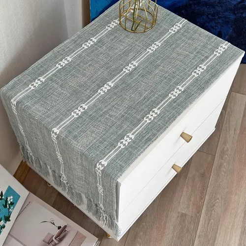 Miniatura 2 de Camino de Mesa Rústico de Lino Pequeño Estilo Granja Arpillera Bohemio a Rayas Caminos de Mesa Cortos Gris Claro con Borlas Hechas a Mano