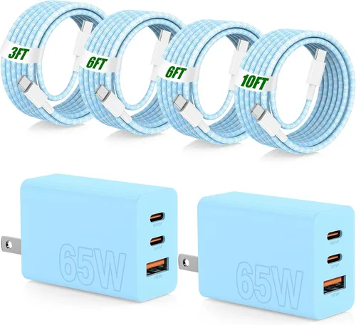 Miniatura 11 de USB C de carga súper rápida de 65 W para iPhone 17 16 Pro Max, bloque de carga USB C de 3 puertos de 100 W PD y cable trenzado tipo C de 3/6/6/10
