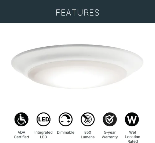 Miniatura 5 de Kichler Gen I Downlight LED, montaje empotrado al techo de 7.5", luz interior regulable, 2700K, (7.5" x 1.5"), blanco, 43846WHLED27