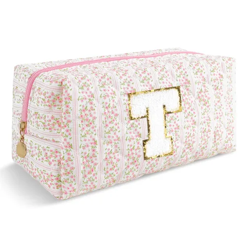 Miniatura 86 de Pequeña bolsa de maquillaje personalizada con inicial A-Z Preppy Patch, bolsa de cosméticos de viaje de felpilla blanca con cremallera, bonita bolsa
