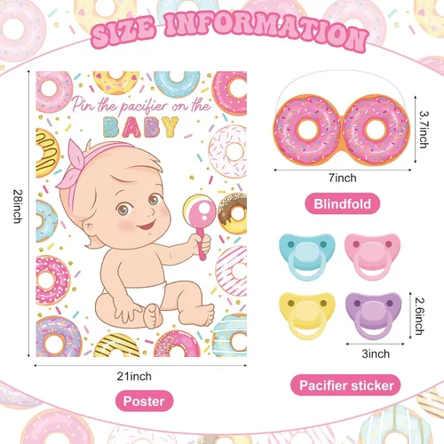 Miniatura 2 de Faccito Pin The Chupete Juego de baby shower, decoración de fiesta de baby shower, incluye póster grande, 24 calcomanías para chupete, juego