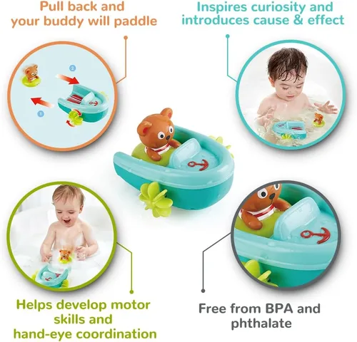 Miniatura 3 de Hape Juguete de baño de barco con retroceso de tubo, oso de peluche, juguete de baño flotante para remo de barco, juguete para bañera y ducha