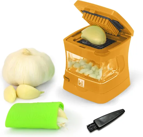Trituradora de Ajo-A-Peel, Prensa de Ajo, Trituradora, Cortadora, Picadora y Envase de Almacenamiento - Incluye pelador de ajo de silicona - Fácil