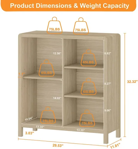 Miniatura 2 de FATORRI Mesa consola con 2 cajones y estantería de 5 cubos para sala de estar (nogal claro)