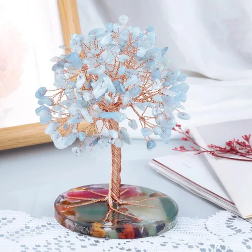 Miniatura 5 de mookaitedecor Árbol de cristal de aguamarina natural con base de ágata, árbol de dinero de la suerte, decoración de Feng Shui para el hogar