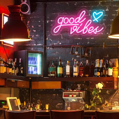 Miniatura 3 de Good Vibes - Letrero de neón rosa con corazón, luces LED rosas de 15.7 x 8 pulgadas, funciona con USB, letrero LED Good Vibes para dormitorio
