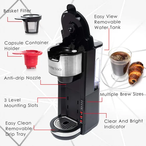 Miniatura 3 de Mixpresso - Cafetera negra para una porción, compatible con cápsulas K-Cup y café molido, cafetera compacta de 30 oz con 5 tamaños de preparación