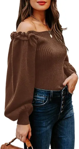 Miniatura 2 de Langwyqu Women's Sweaters Casual Long Lantern Sleeve Square Neck Ruffle Knit Pullovers Tops