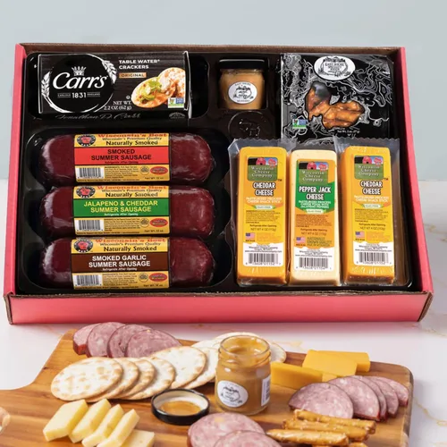 Cesta de regalo para fiestas: cuenta con salchichas ahumadas de verano 100% Wisconsin, galletas saladas, pretzels y mostaza, perfecta para fiestas