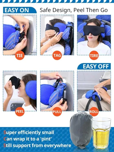 Miniatura 7 de SARISUN Almohadas de viaje para aviones con máscara de ojos para dormir, correa de barbilla, almohada de avión para vuelos largos, viaje por Azul