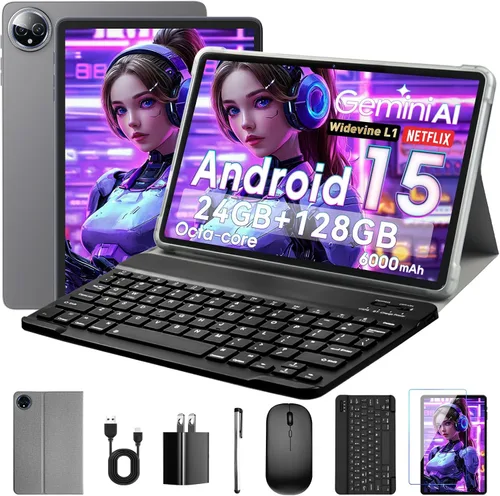 Tablet de 10 pulgadas, Android 15 con 24 GB de RAM + 128 GB de ROM (1 TB expandible), Octa-Core, pantalla táctil IPS HD de 1280 x 800, cámara dual