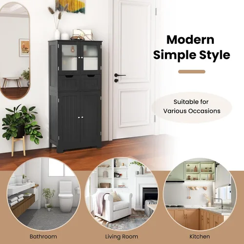 Miniatura 9 de LOKO Armario de piso de baño, organizador de almacenamiento con puertas de vidrio, armario de cocina de madera con estante ajustable para sala