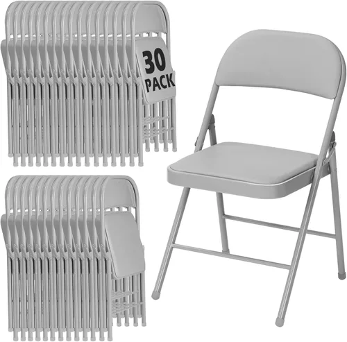 Miniatura 16 de Paquete de 4 sillas plegables grises con cojín acolchado para exteriores, sillas plegables de metal comerciales apilables portátiles con marco