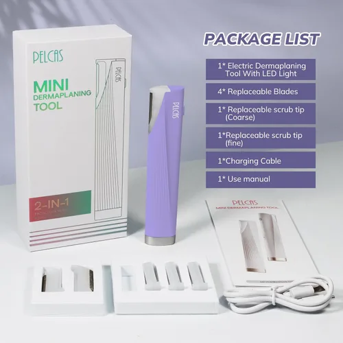 Miniatura 8 de PELCAS Herramienta eléctrica de dermaplaning para la cara de las mujeres con luz LED 3 velocidades Mini Dermaplaning Razor con 6 cuchillas, 2 en 1