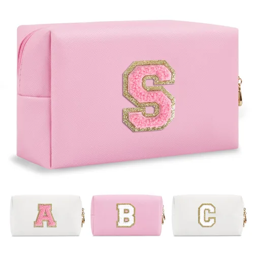 Miniatura 205 de Pequeña bolsa de maquillaje personalizada con inicial A-Z Preppy Patch, bolsa de cosméticos de viaje de felpilla blanca con cremallera, bonita bolsa