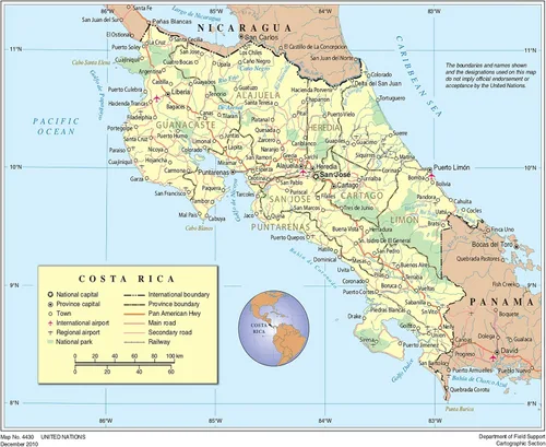 Palmetto Posters Póster laminado 20x24: Gran mapa político y administrativo de costa rica con carreteras ciudades parques nacionales y aeropuertos